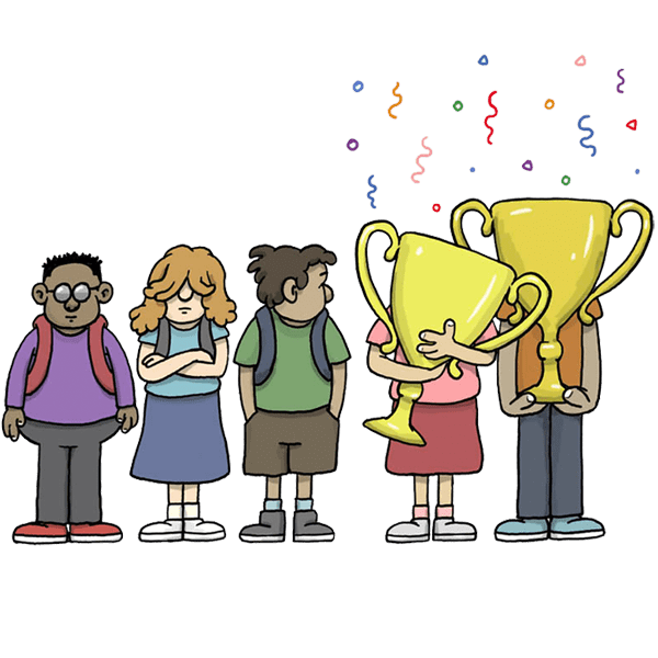 Illustration of of kids in line. Two kids holding trophies