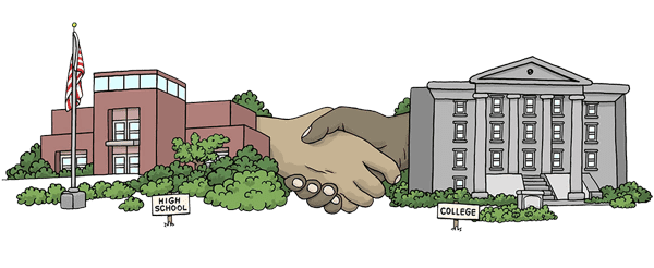 Illustration of high school and college shaking hands