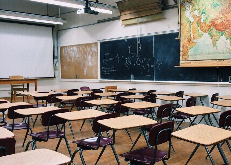 Empty classroom with wooden desks and a chemical equation written on a chalkboard
